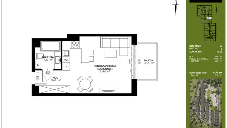 Rzut - Mieszkanie na sprzedaż 1 pokój o powierzchni 31,76 m² - numer A_M29 w Triton Kampinos III