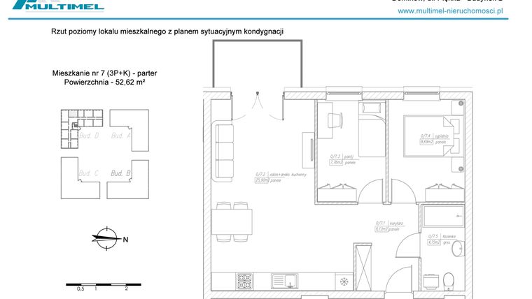 Rzut - Mieszkanie na sprzedaż 3 pokoje o powierzchni 52,62 m² - numer 7D w Dominów Rynek