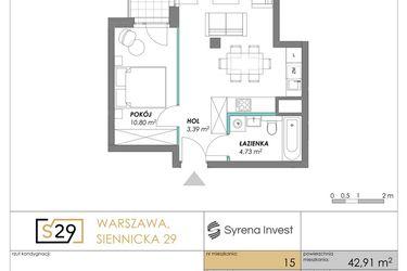Rzut - Mieszkanie na sprzedaż 2 pokoje o powierzchni 42,91 m² - numer 15 w Siennicka 29