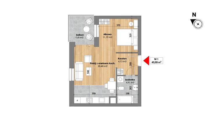 Rzut - Mieszkanie na sprzedaż 1 pokój o powierzchni 40,69 m² - numer M1 w Przy Kochanowskiego