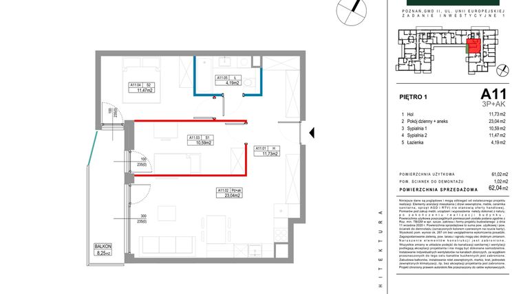 Rzut - Mieszkanie na sprzedaż 3 pokoje o powierzchni 62,04 m² - numer A011 w Grunwald Między Drzewami etap II