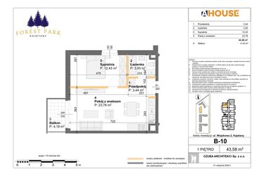 Rzut - Mieszkanie na sprzedaż 2 pokoje o powierzchni 43,58 m² - numer B.10 w Forest Park Kajetany