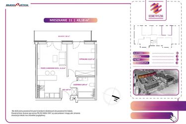 Rzut - Mieszkanie na sprzedaż 2 pokoje o powierzchni 43,18 m² - numer 11B w Geometryczna 5 - etap 3