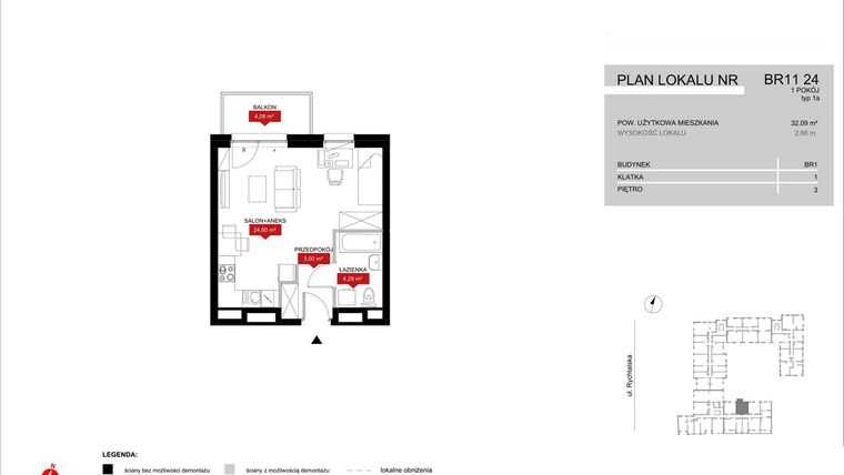 Rzut - Mieszkanie na sprzedaż 1 pokój o powierzchni 32,09 m² - numer BR11/24 w Browary Wrocławskie 2