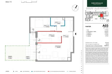 Rzut - Mieszkanie na sprzedaż 3 pokoje o powierzchni 62,03 m² - numer A003 w Grunwald Między Drzewami etap II