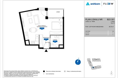 Rzut - Mieszkanie na sprzedaż 1 pokój o powierzchni 38,76 m² - numer B23 301 w Flow - bud. B2 A i bud. B2 B