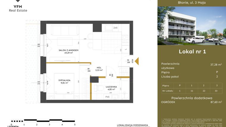Rzut - Mieszkanie na sprzedaż 2 pokoje o powierzchni 37,28 m² - numer 1 w Apartamenty 3 Maja