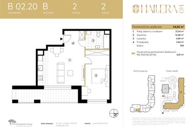 Rzut - Mieszkanie na sprzedaż 2 pokoje o powierzchni 44,62 m² - numer B.02.20 w Hallera 140