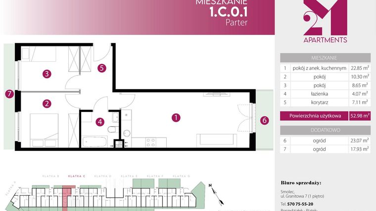Rzut - Mieszkanie na sprzedaż 3 pokoje o powierzchni 52,98 m² - numer 1.C.0.1 w 2M Apartments etap IV