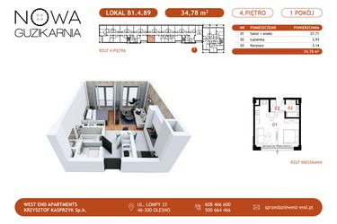 Rzut - Mieszkanie na sprzedaż 1 pokój o powierzchni 34,78 m² - numer B1.4.89 w Nowa Guzikarnia