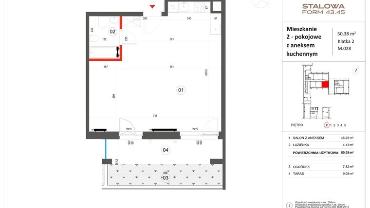Rzut - Mieszkanie na sprzedaż 1 pokój o powierzchni 50,38 m² - numer 28 w Stalowa Form 43.45