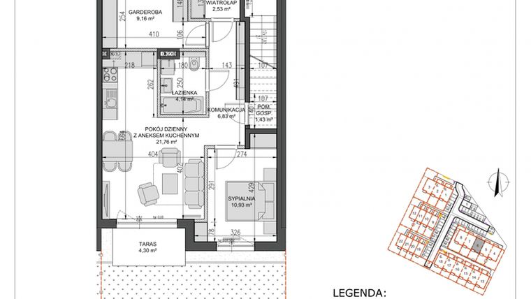 Rzut - Mieszkanie na sprzedaż 3 pokoje o powierzchni 56,78 m² - numer B6/1 w Osiedle Morelowe