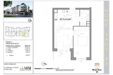 Rzut - Mieszkanie na sprzedaż 2 pokoje o powierzchni 43,17 m² - numer 26 w Nowe Sady 85