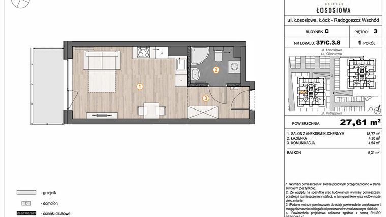 Rzut - Mieszkanie na sprzedaż 1 pokój o powierzchni 27,61 m² - numer 37 - C3.8 w Osiedle Łososiowa