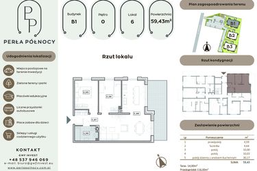 Rzut - Mieszkanie na sprzedaż 3 pokoje o powierzchni 59,43 m² - numer B1.0_6 w Perła Północy etap 2