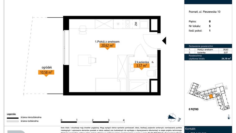 Rzut - Mieszkanie na sprzedaż 1 pokój o powierzchni 24,19 m² - numer B.0.5 w ŁACINA SPOT - apartamenty inwestycyjne