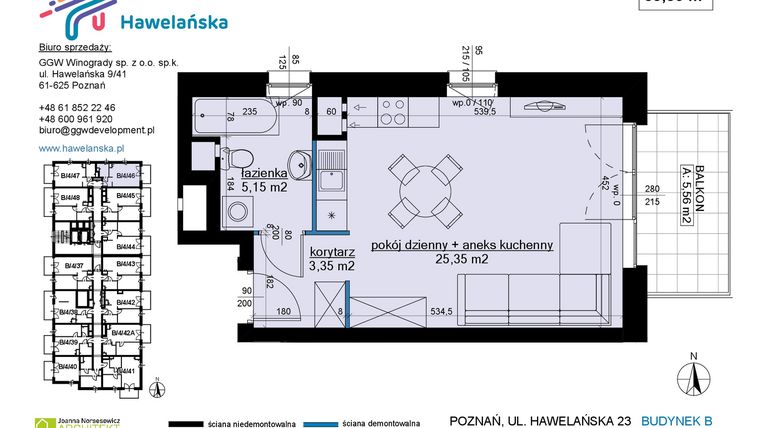 Rzut - Mieszkanie na sprzedaż 1 pokój o powierzchni 33,85 m² - numer B/4/46 w Osiedle Hawelańska etap III - bud. B