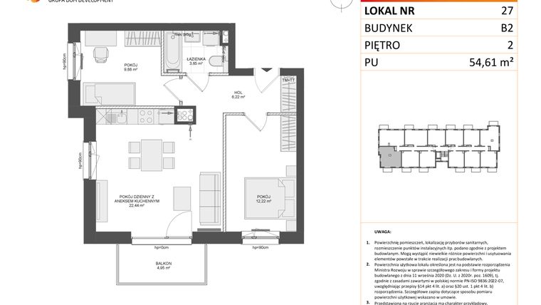 Rzut - Mieszkanie na sprzedaż 3 pokoje o powierzchni 54,35 m² - numer B2.27 w Osiedle Przy Błoniach 3 etap III