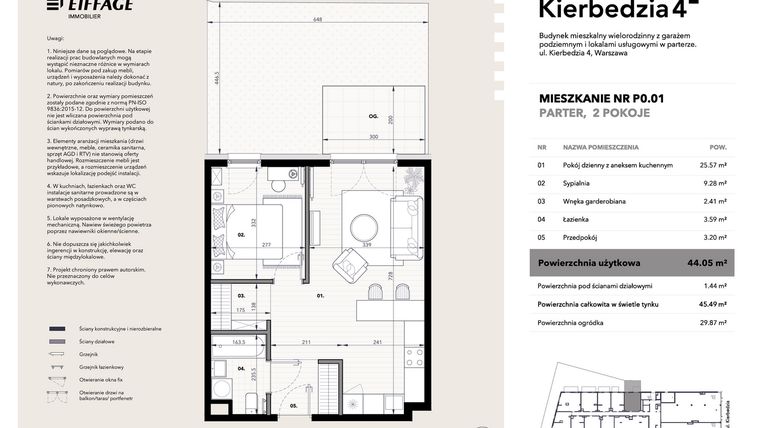 Rzut - Mieszkanie na sprzedaż 2 pokoje o powierzchni 44,05 m² - numer P0.01 w Kierbedzia 4