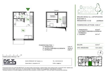 Rzut - Mieszkanie na sprzedaż 1 pokój o powierzchni 44,84 m² - numer A.3.32 w Ogrody Centrum 2