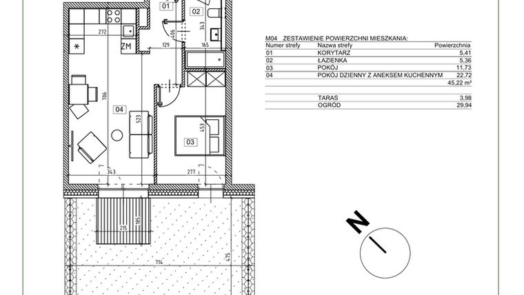 Rzut - Mieszkanie na sprzedaż 2 pokoje o powierzchni 45,22 m² - numer I.M04 w Osiedle Glivia Zachodnia