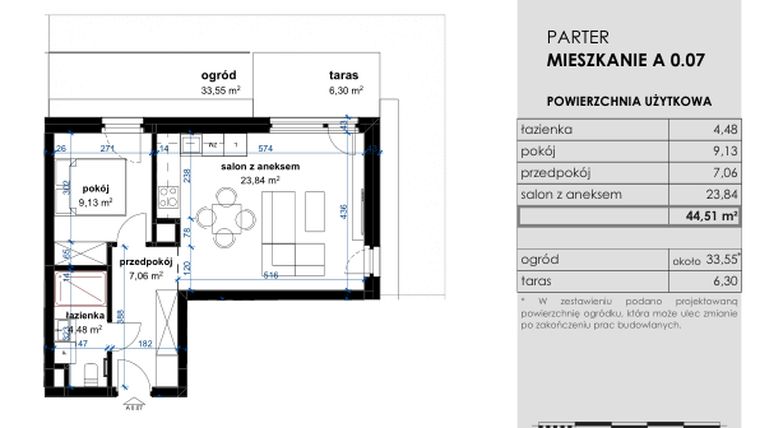 Rzut - Mieszkanie na sprzedaż 2 pokoje o powierzchni 44,51 m² - numer A 0.07 w Osiedle Kwiatowe
