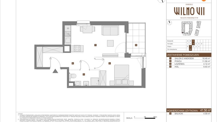 Rzut - Mieszkanie na sprzedaż 2 pokoje o powierzchni 41,56 m² - numer C.63 w Osiedle Wilno VII etap 3