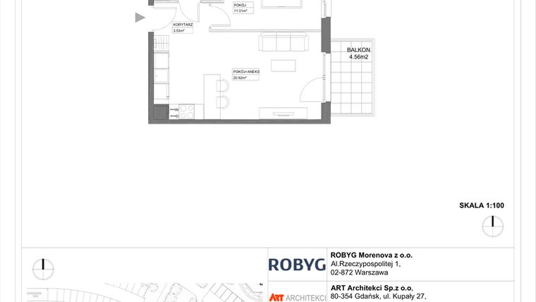 Rzut - Mieszkanie na sprzedaż 1 pokój o powierzchni 29,17 m² - numer 3.10.1M01 w Szumilas etap III
