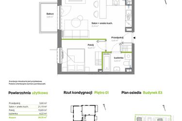 Rzut - Mieszkanie na sprzedaż 2 pokoje o powierzchni 39,7 m² - numer E3.01.18 w Południe Vita