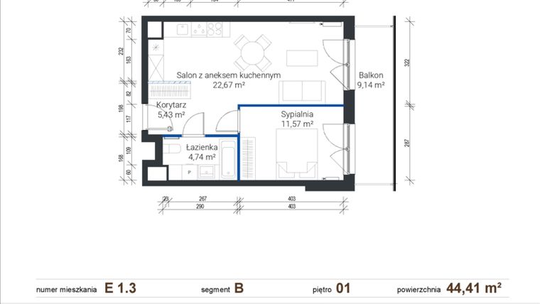 Rzut - Mieszkanie na sprzedaż 2 pokoje o powierzchni 44,41 m² - numer E 1.3 w Nowe Zabłocie
