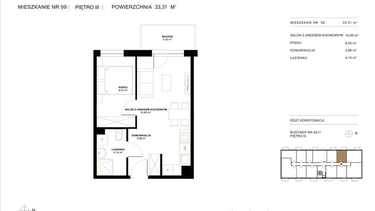 Rzut - Mieszkanie na sprzedaż 2 pokoje o powierzchni 33,31 m² - numer A2.1.99 w Altro A2/1