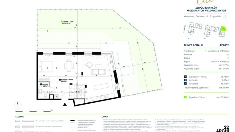 Rzut - Mieszkanie na sprzedaż 1 pokój o powierzchni 116,9 m² - numer AE0002 w Viva Cité 2