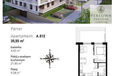Rzut - Mieszkanie na sprzedaż 2 pokoje o powierzchni 35,55 m² - numer A.012 w Perłowa Przystań - Kołobrzeg - etap II