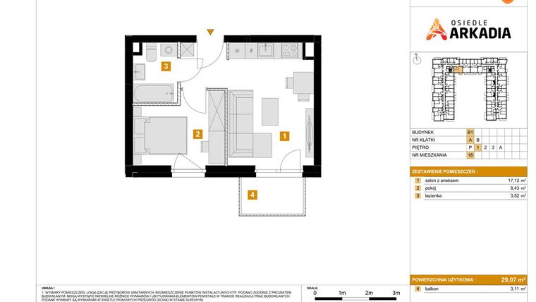 Rzut - Mieszkanie na sprzedaż 2 pokoje o powierzchni 29,07 m² - numer B1.18 w Osiedle Arkadia etap 2