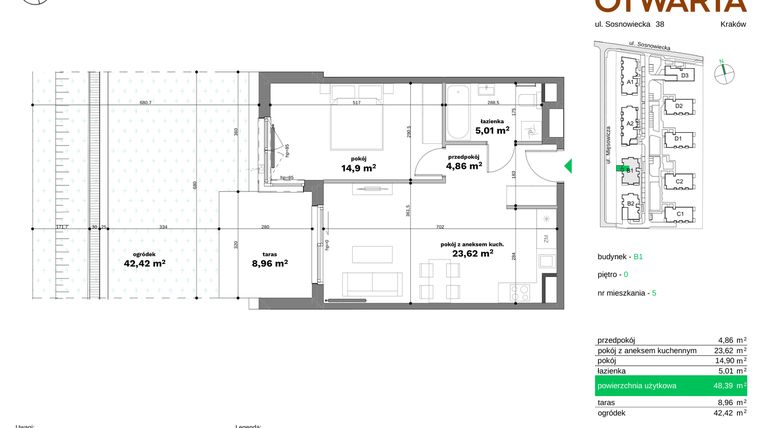 Rzut - Mieszkanie na sprzedaż 2 pokoje o powierzchni 48,39 m² - numer B1-5 w Forma Otwarta etap II