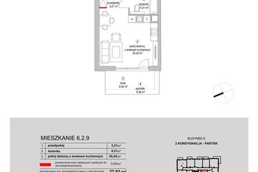 Rzut - Mieszkanie na sprzedaż 1 pokój o powierzchni 27,92 m² - numer 6.2.9 w Osiedle Przyjemne III