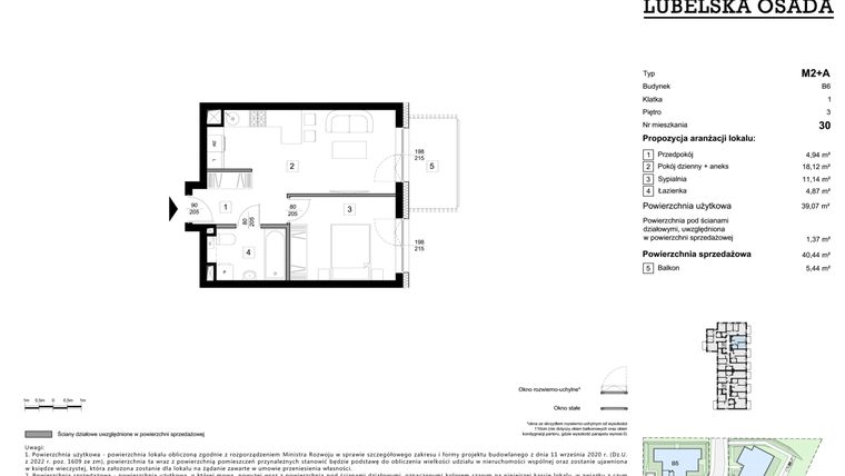 Rzut - Mieszkanie na sprzedaż 2 pokoje o powierzchni 39,07 m² - numer B6.30 w Lubelska Osada budynek B6