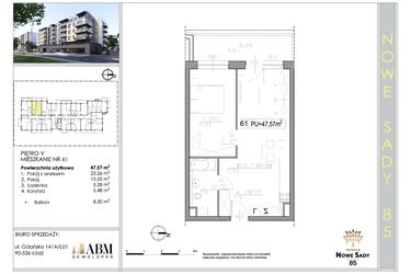 Rzut - Mieszkanie na sprzedaż 2 pokoje o powierzchni 47,68 m² - numer 61 w Nowe Sady 85