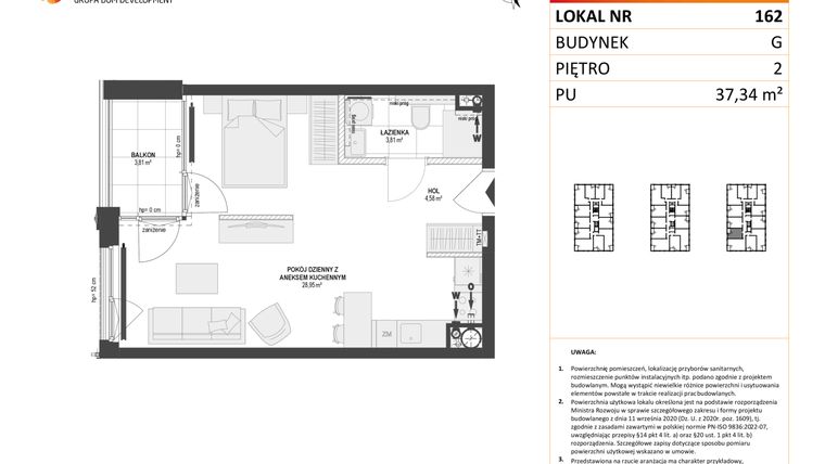 Rzut - Mieszkanie na sprzedaż 1 pokój o powierzchni 37,34 m² - numer G.162 w DOKI etap II (bud. G)