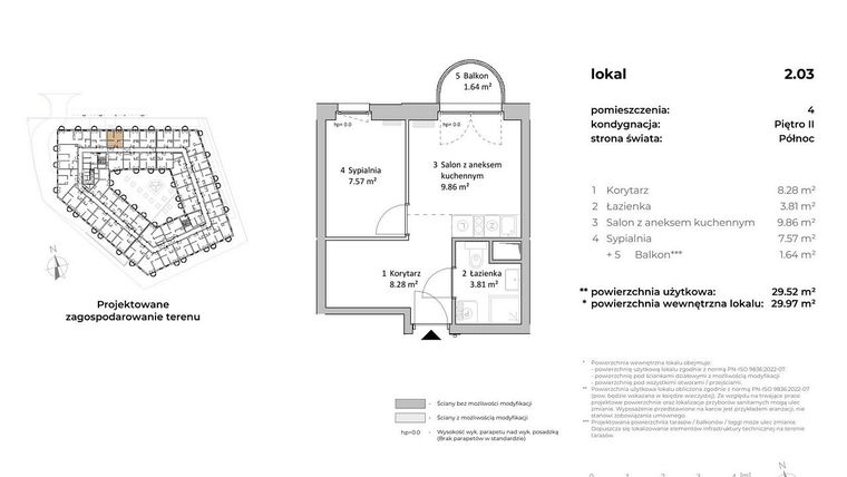 Rzut - Mieszkanie na sprzedaż 1 pokój o powierzchni 29,82 m² - numer 2.03 w OVAL SKY