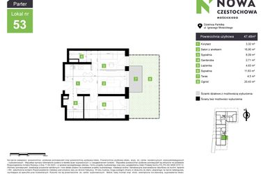 Rzut - Mieszkanie na sprzedaż 2 pokoje o powierzchni 47,48 m² - numer M53 w Nowa Częstochowa Mościckiego