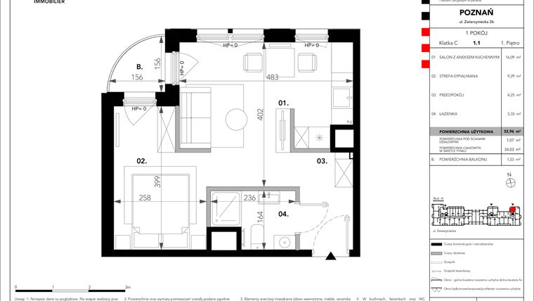 Rzut - Mieszkanie na sprzedaż 1 pokój o powierzchni 32,96 m² - numer C.1.1 w Zajezdnia