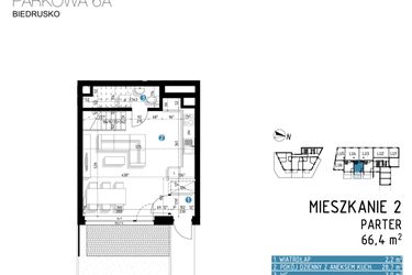 Rzut - Mieszkanie na sprzedaż 3 pokoje o powierzchni 66,4 m² - numer 6A.2 w Parkowa 6AC - ETAP III