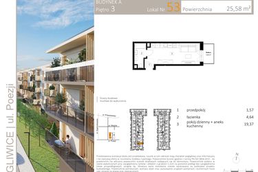 Rzut - Mieszkanie na sprzedaż 1 pokój o powierzchni 25,58 m² - numer A.53 w Poezji