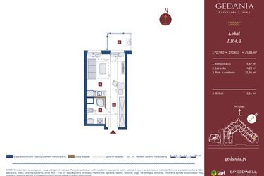 Rzut - Mieszkanie na sprzedaż 1 pokój o powierzchni 25,86 m² - numer I.B.4.2 w GEDANIA Riverside Living - apartamenty inwestycyjne