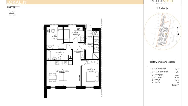 Rzut - Mieszkanie na sprzedaż 4 pokoje o powierzchni 62,27 m² - numer J7 w Villa Stoki (mieszkania)