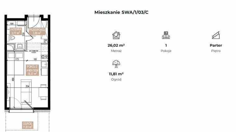 Rzut - Mieszkanie na sprzedaż 1 pokój o powierzchni 26,02 m² - numer SWA/1/03/C w Apartamenty Świeradowska