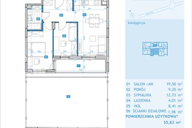 Rzut - Mieszkanie na sprzedaż 3 pokoje o powierzchni 55,83 m² - numer F2 w Osiedle Botaników etap F