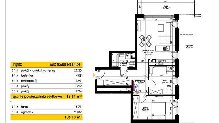 Rzut - Mieszkanie na sprzedaż 3 pokoje o powierzchni 63,6 m² - numer B 1.04 w Park Moniuszki II C