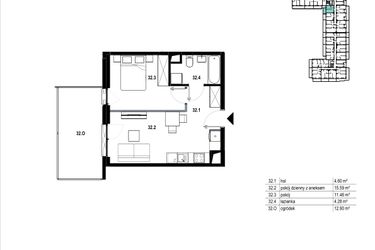 Rzut - Mieszkanie na sprzedaż 2 pokoje o powierzchni 35,93 m² - numer C3.32 w Osiedle Mozaika